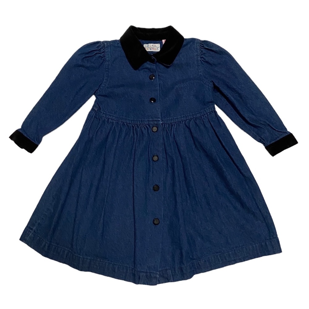 Vintage Just Friends Denim Dress Long Sleeve Velvet Collar & Cuff Dress 3T